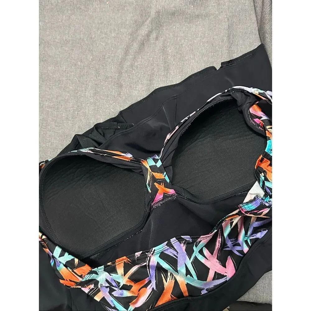 Longitude Size 22 Black Abstract Tie Front Skirted One Piece Swimsuit
